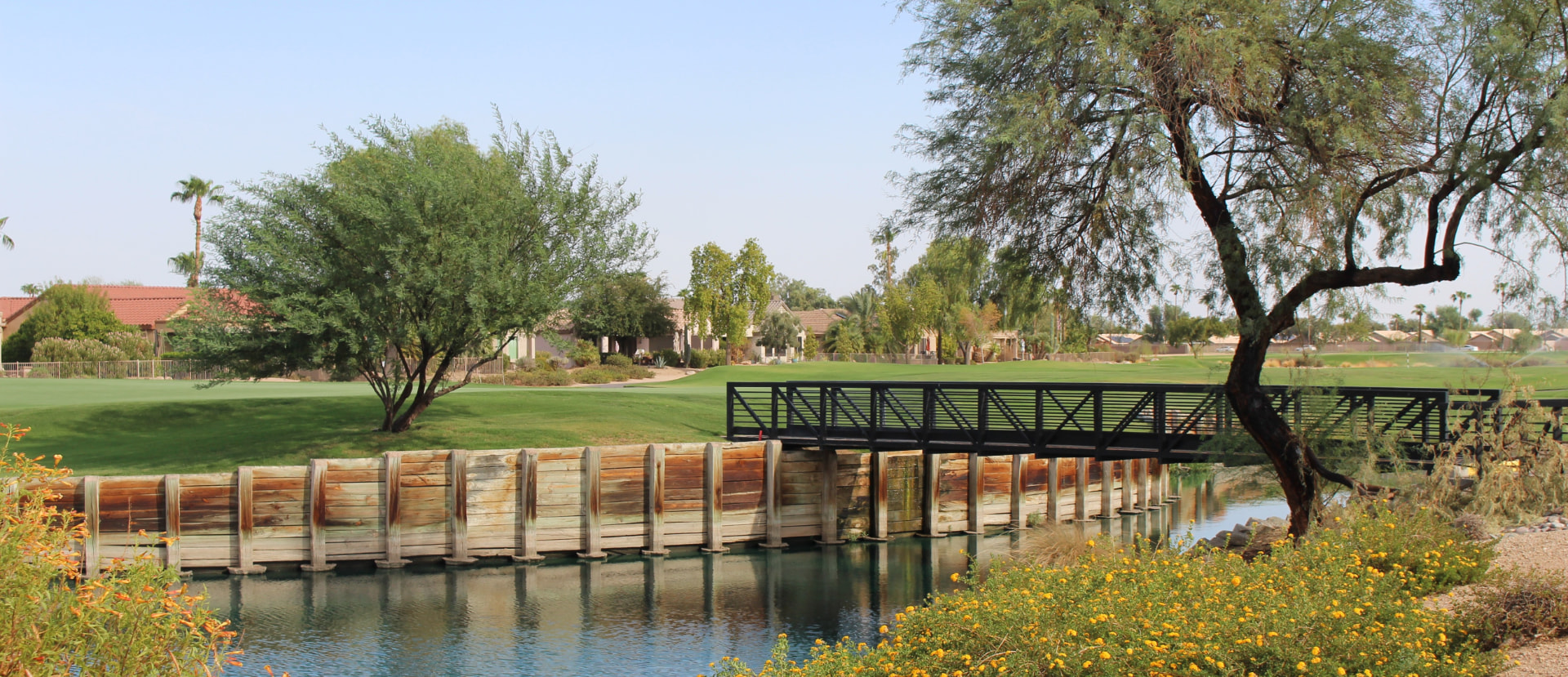 Footbridge over a lake leading to a manicured green with homes beyond in The Grand, Surprise, Arizona