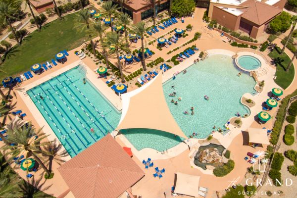 Aerial view of the lap pool and resort pool at the Cimarron Center in The Grand
