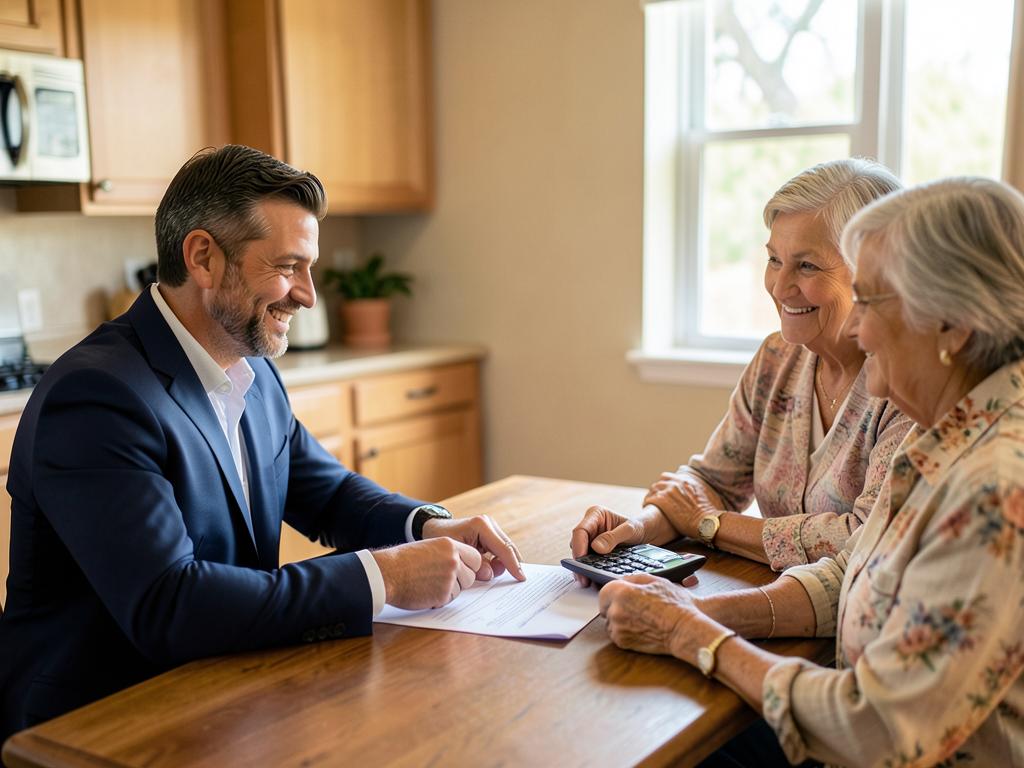 A real estate agent and home sellers reviewing offer documents and a calculator together at a kitchen table