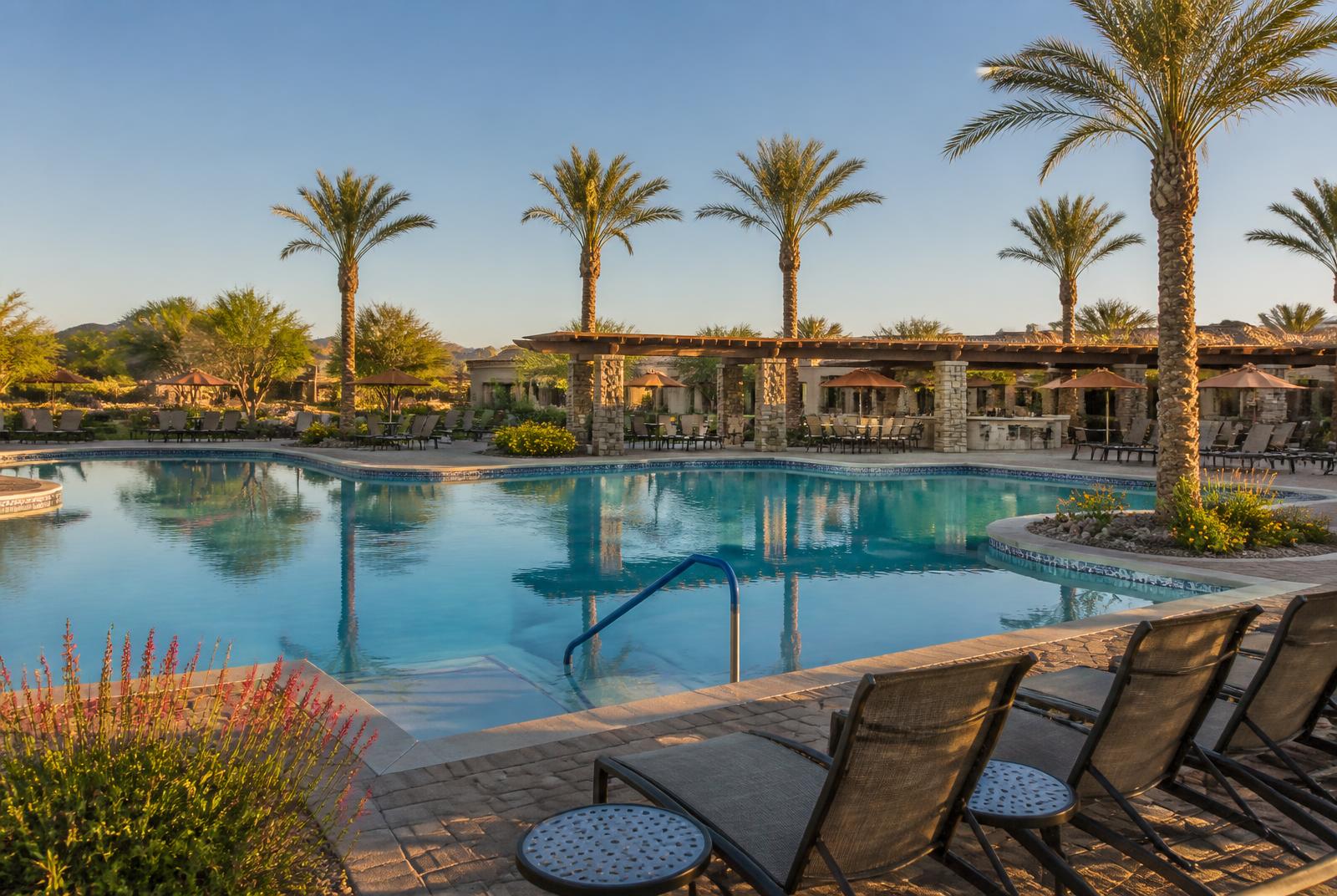 Resort-style community pool with palm trees in an Arizona active-adult community