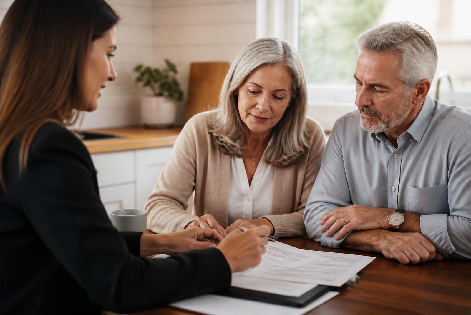 Listing consultation with a mature couple at their kitchen table