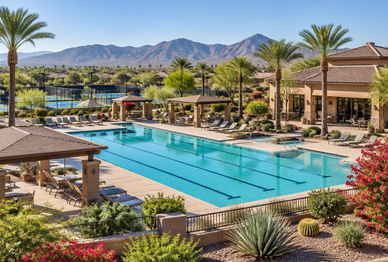 Clubhouse and resort amenity area in an Arizona active-adult community