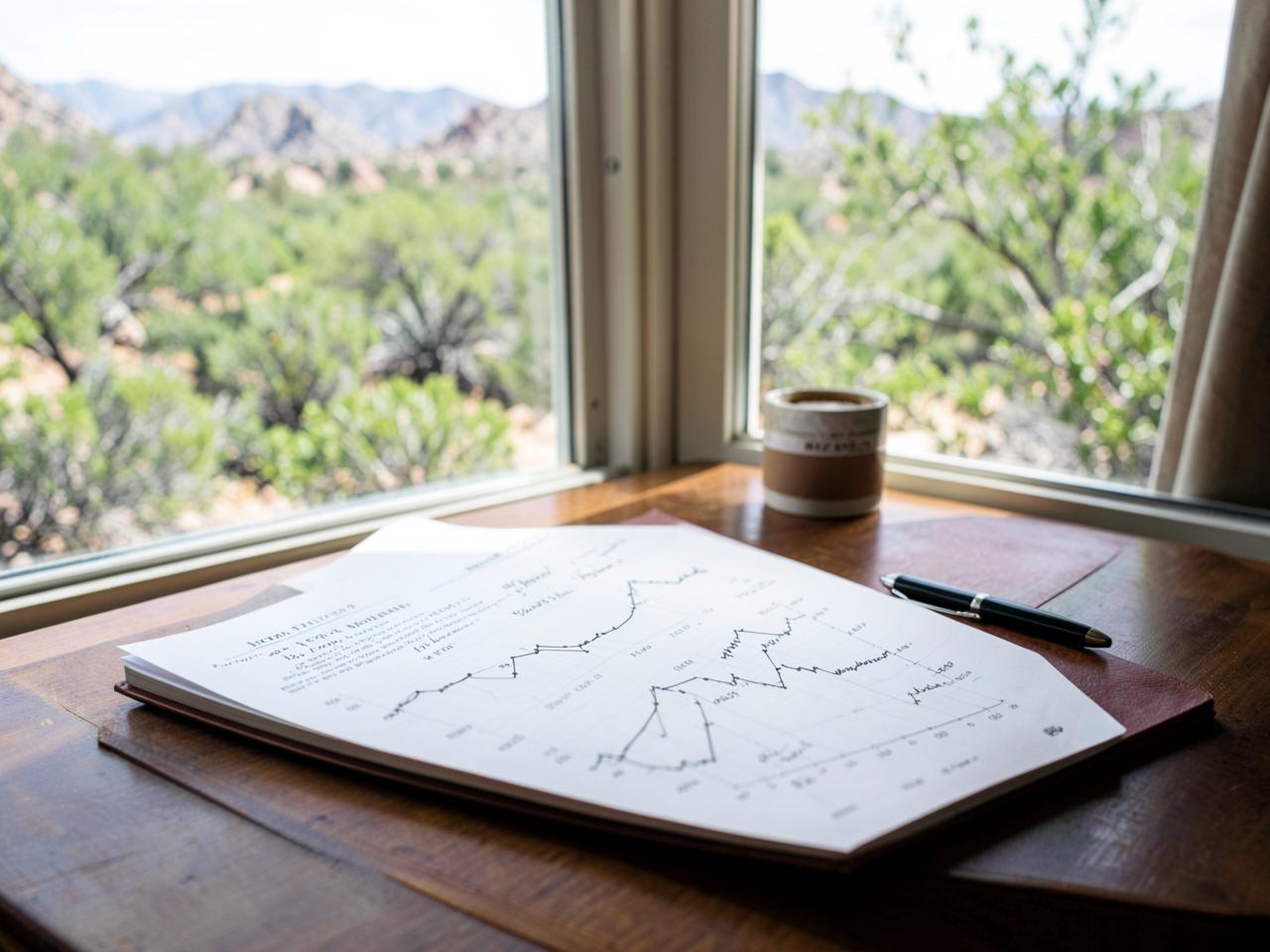 Printed West Valley market charts and a notebook on a desk beside a window