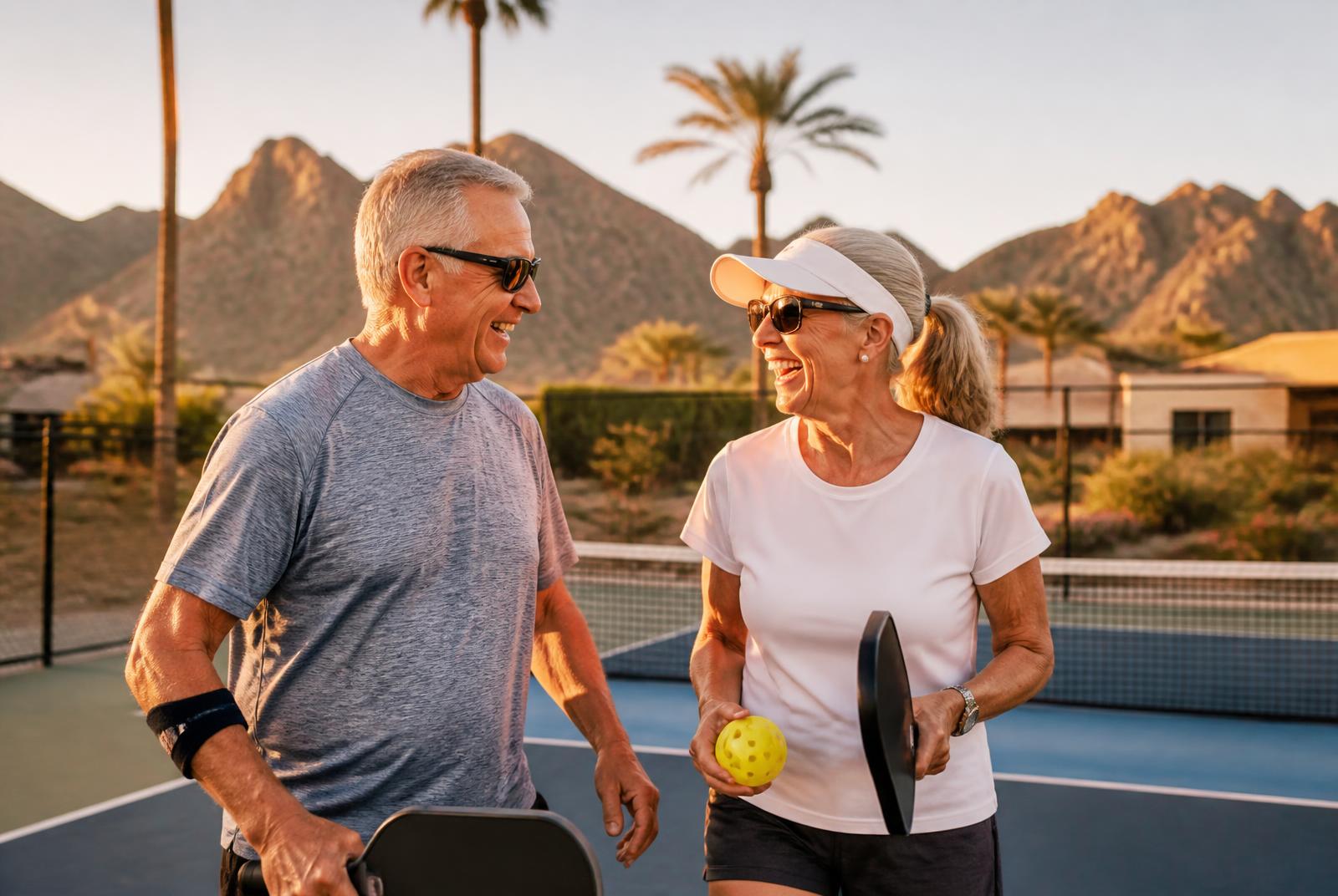 Active adults playing pickleball on a court in the Phoenix West Valley