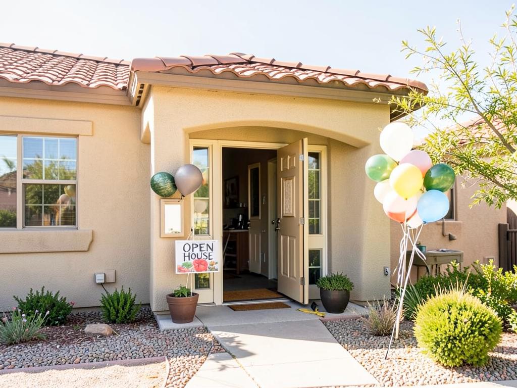 Open house at a bright Arizona active-adult home, with a welcome sign and balloons at the front door