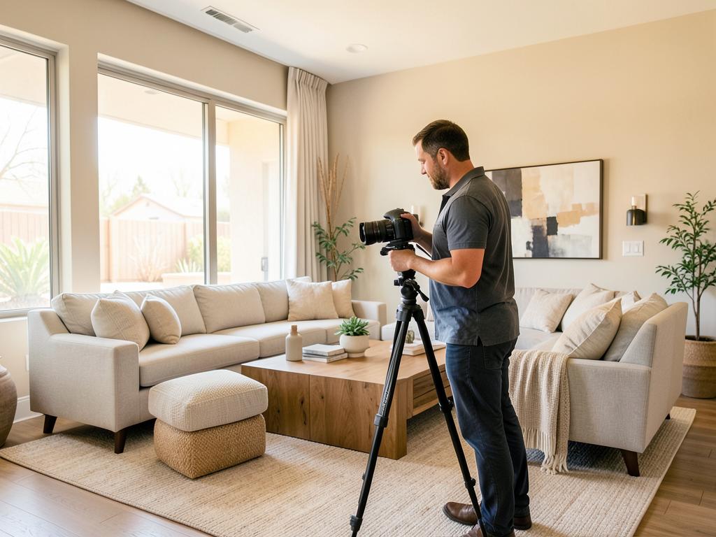 A professional real estate photographer setting up a tripod and camera in a bright, staged Arizona home living room