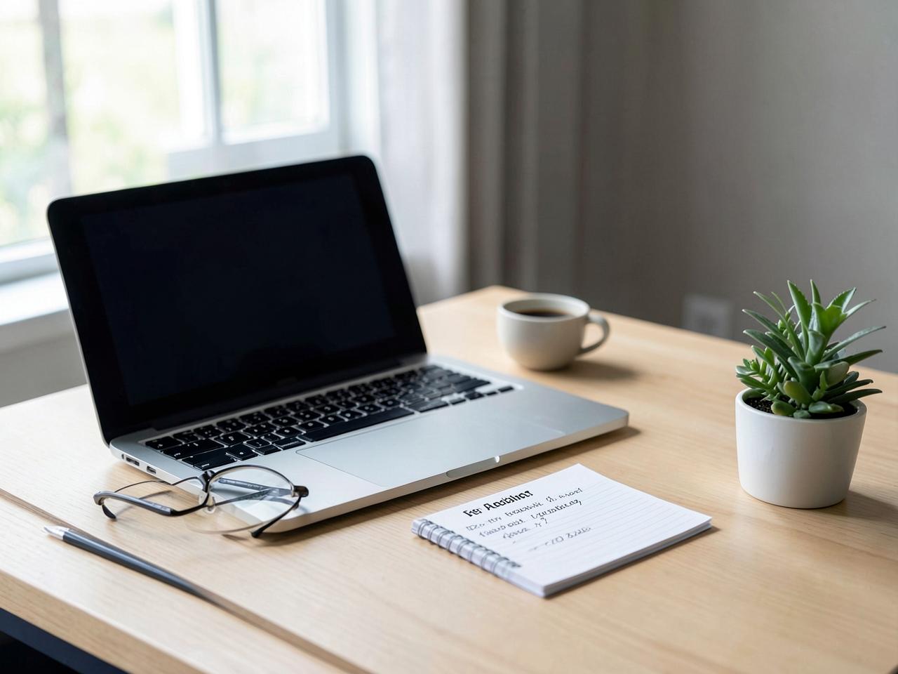 Notepad of buyer and seller questions beside a laptop on a sunlit desk